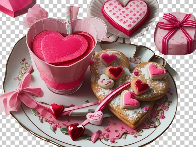 PSD vue rapprochée des biscuits en forme de cœur et de la paille décorative sur le concept de fête de la saint-valentin rose