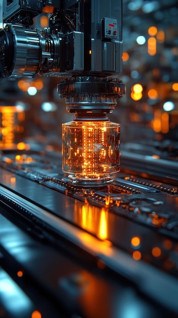 Vue rapprochée d'un bras robotique travaillant sur une carte de circuit imprimé dans une usine éclairée par des lumières chaudes
