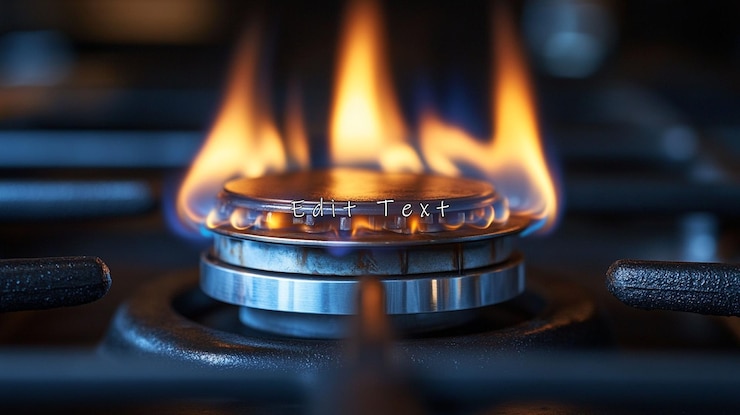 PSD vue rapprochée d'un brûleur de poêle à gaz avec des flammes allumées