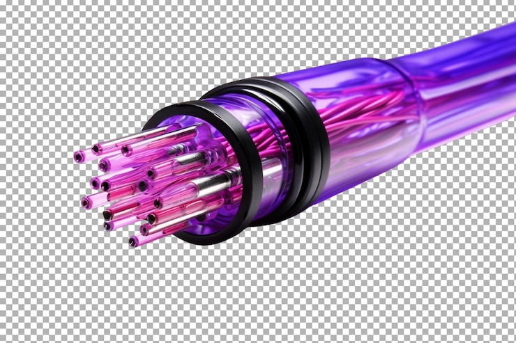 PSD une vue rapprochée d'un câble à fibre optique coloré avec plusieurs fils dans un boîtier de protection sur un fond transparent png de surface blanche ou transparente