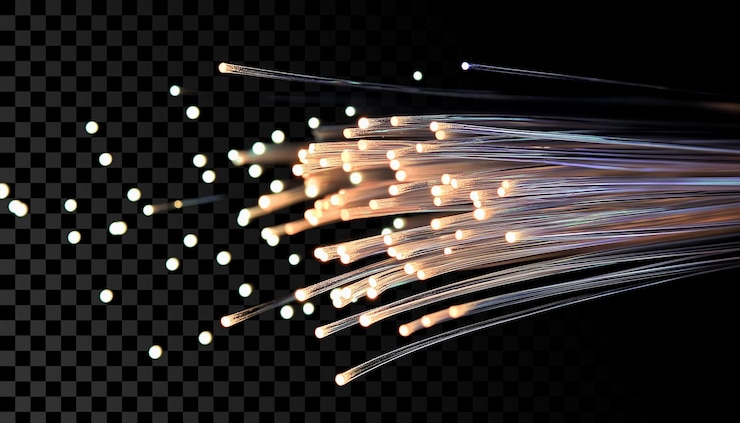 PSD vue rapprochée d'un câble à fibre optique avec des lumières brillantes sur un fond transparent