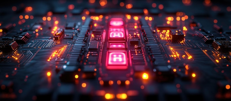 PSD vue rapprochée d'une carte de circuit lumineux avec des lumières rouges et des voies complexes