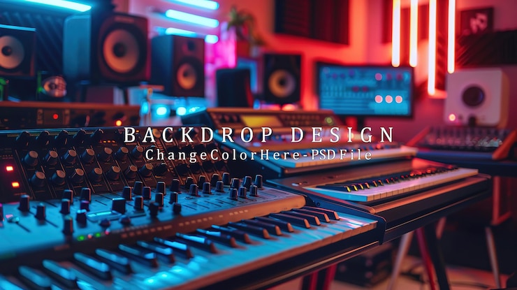 PSD vue rapprochée d'un clavier et d'un mixeur de studio de musique