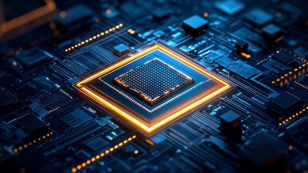 Vue rapprochée d'un CPU sur une carte de circuit imprimé dans un cadre orange brillant