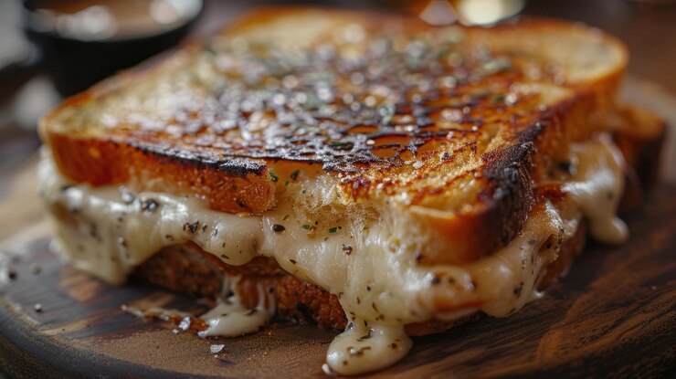 PSD vue rapprochée d'un délicieux sandwich au fromage grillé avec du fromage fondu et des herbes servies sur une planche en bois
