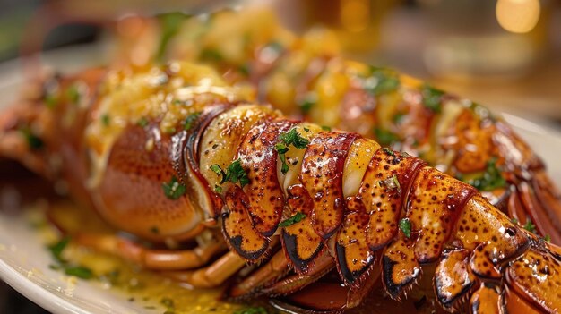 Vue rapprochée de deux succulentes queues de homard rôties étincelantes de beurre et d'herbes servies sur une assiette blanche