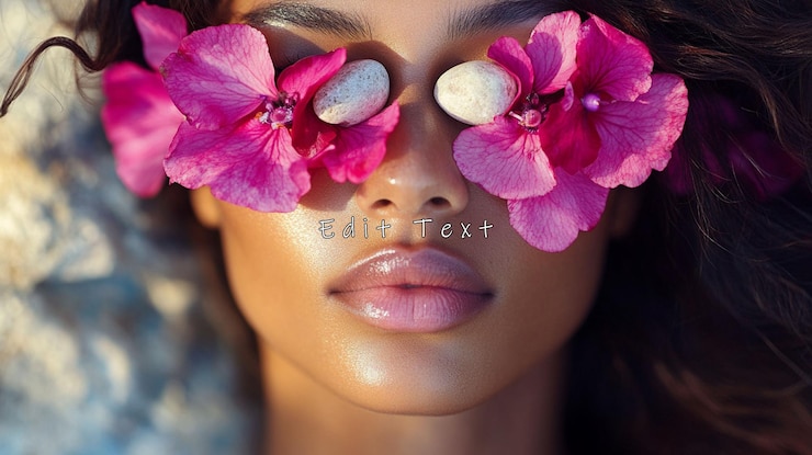 PSD vue rapprochée du visage d'une femme avec des fleurs roses et des pierres sur les yeux