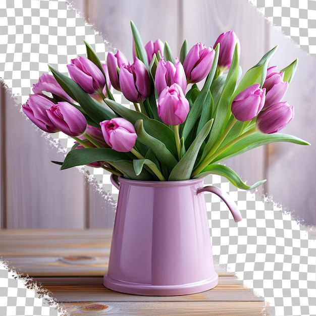 PSD vue rapprochée d'un fond transparent avec un pot blanc tenant un bouquet de tulipes violettes