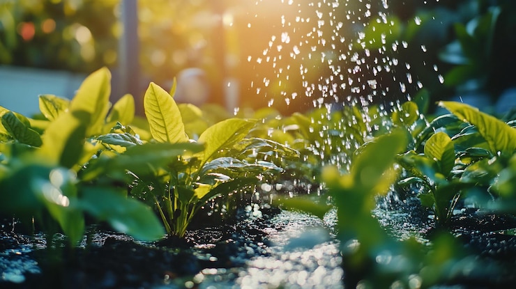 PSD vue rapprochée des gouttes d'eau qui tombent sur des plantes vertes luxuriantes dans un jardin au coucher du soleil