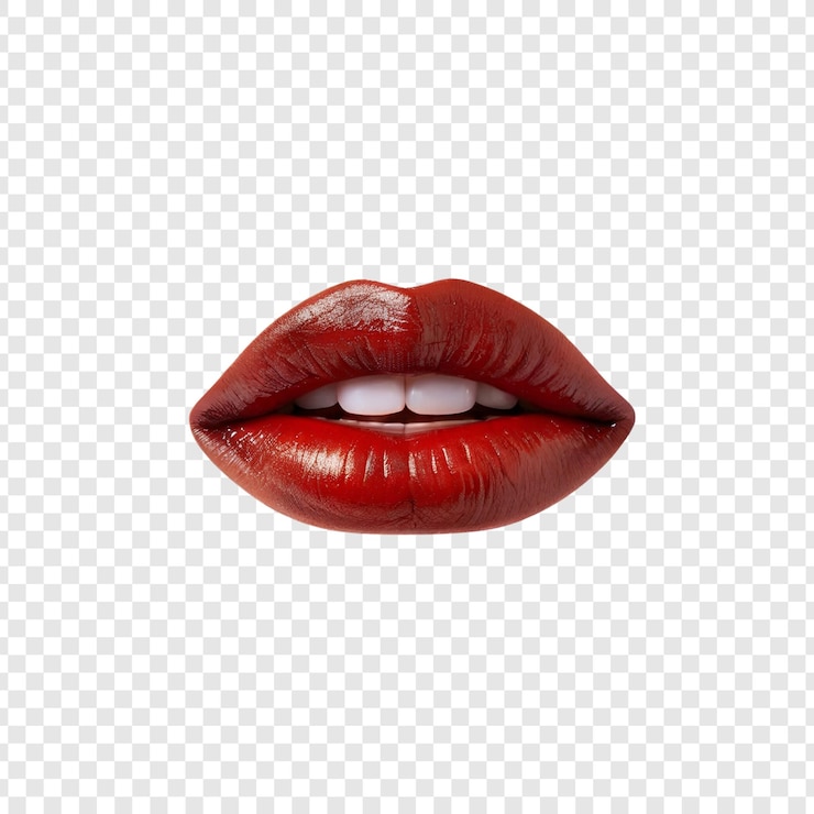 PSD vue rapprochée lèvres rouges dents blanches beauté mode maquillage brillant sourire isolé sur transparent
