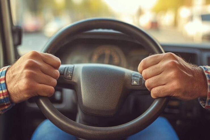 PSD vue rapprochée des mains d'un homme tenant le volant pendant la conduite