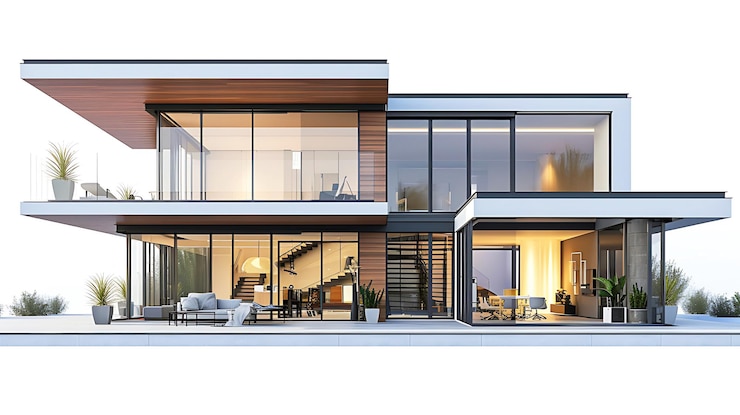 PSD vue rapprochée une maison moderne isolée sur un fond blanc