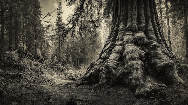 Vue rapprochée monochrome du chemin de la forêt de mousse à la base d'un séquoia géant