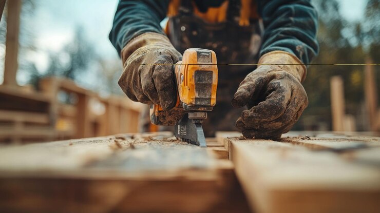 PSD vue rapprochée d'un ouvrier du bâtiment utilisant un outil électrique sur le bois