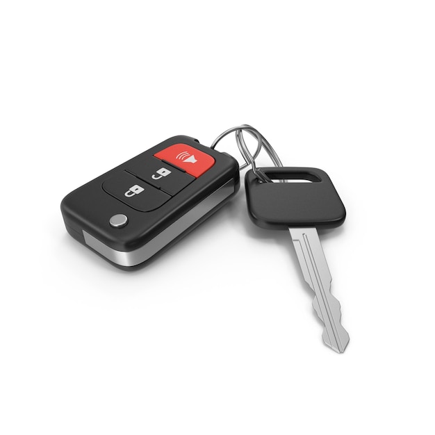 Vue rapprochée d'un porte-clés de voiture moderne et d'une clé d'allumage sur un fond blanc
