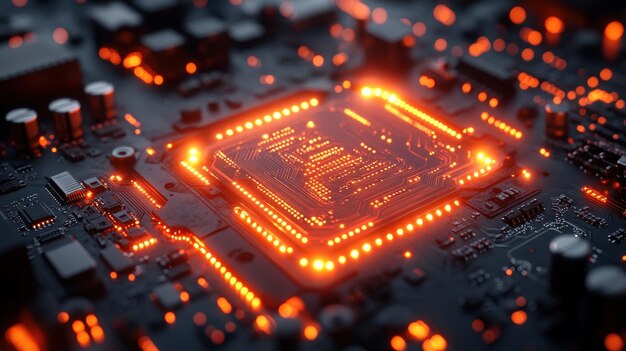 Vue rapprochée d'un processeur lumineux sur une carte de circuit imprimé