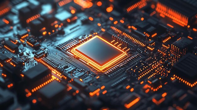 Vue rapprochée d'un processeur lumineux sur une carte de circuit imprimé
