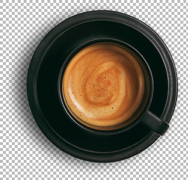Une vue rapprochée d'une tasse de café remplie d'un riche espresso sur une soucoupe noire soulignant sa texture crémeuse et son apparence accueillante