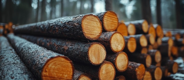 Vue rapprochée de troncs empilés dans une forêt avec un fond flou d'arbres