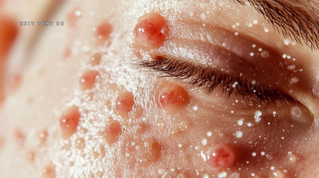 Vue rapprochée d'un visage avec de multiples petites bosses enflammées rouges et de la poudre blanche