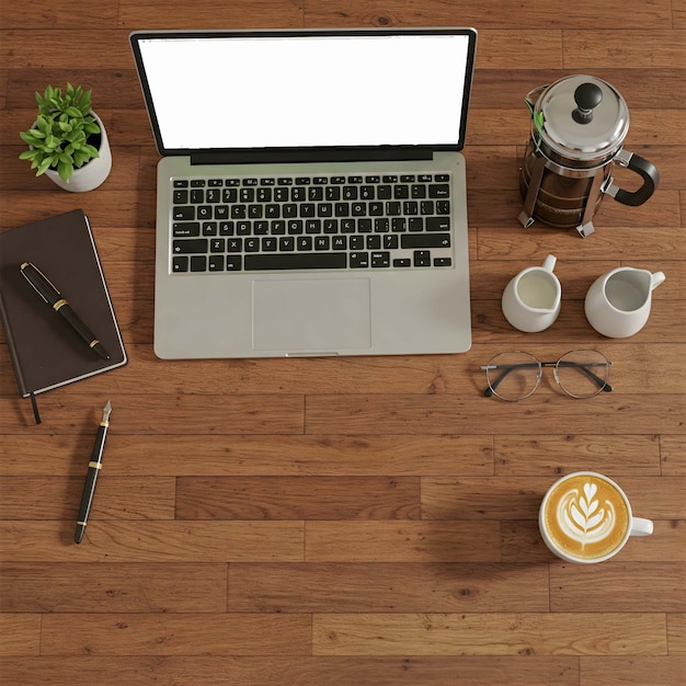 Une vue réaliste de haut en bas d'un bureau en bois avec un ordinateur portable moderne