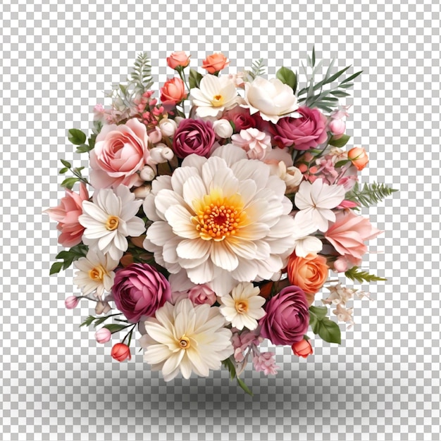 PSD vue supérieure de belles fleurs avec des feuilles disposées avec un fond transparent