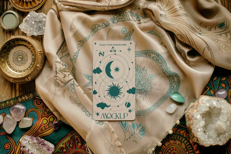 PSD vue supérieure de la carte de tarot et de la maquette de tissu