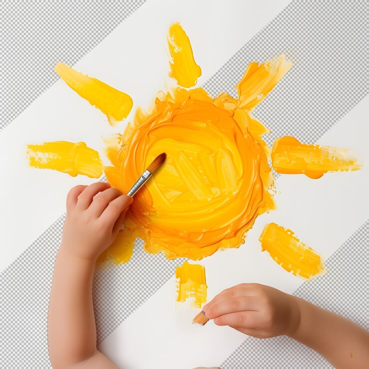 PSD vue supérieure d'un enfant dessinant le soleil avec de la peinture jaune et du pinceau png