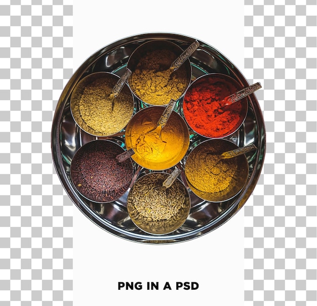Vue supérieure des épices et des assaisonnements png dans un psd