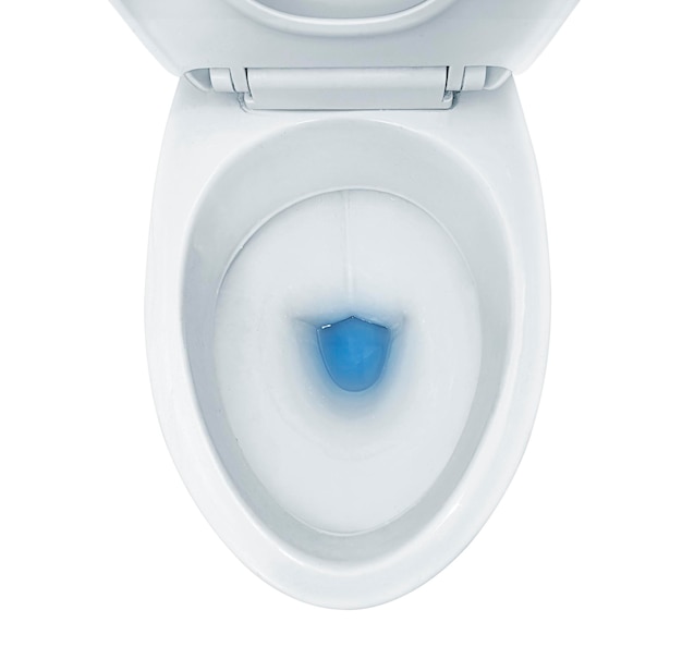 PSD vue supérieure d'un récipient de toilette avec du détergent bleu en train de se rincer dans un fond transparent