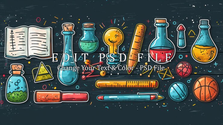 PSD de vuelta a la escuela ilustración de doodle colorido de suministros educativos