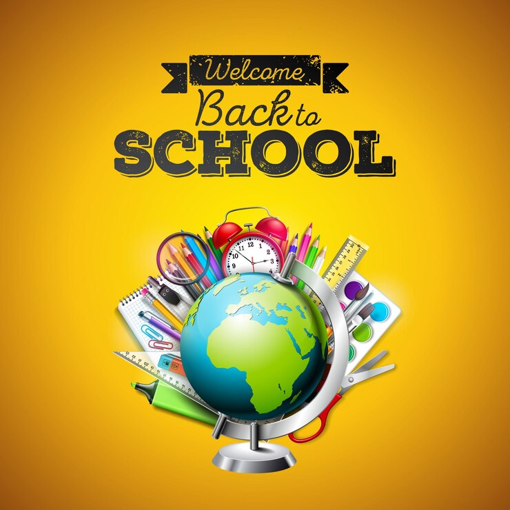 De vuelta a la escuela en línea mochila de cartel escolar con suministros escolares en el fondo