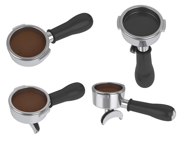 Vues multiples d'un portafiltre en acier inoxydable avec du café moulu