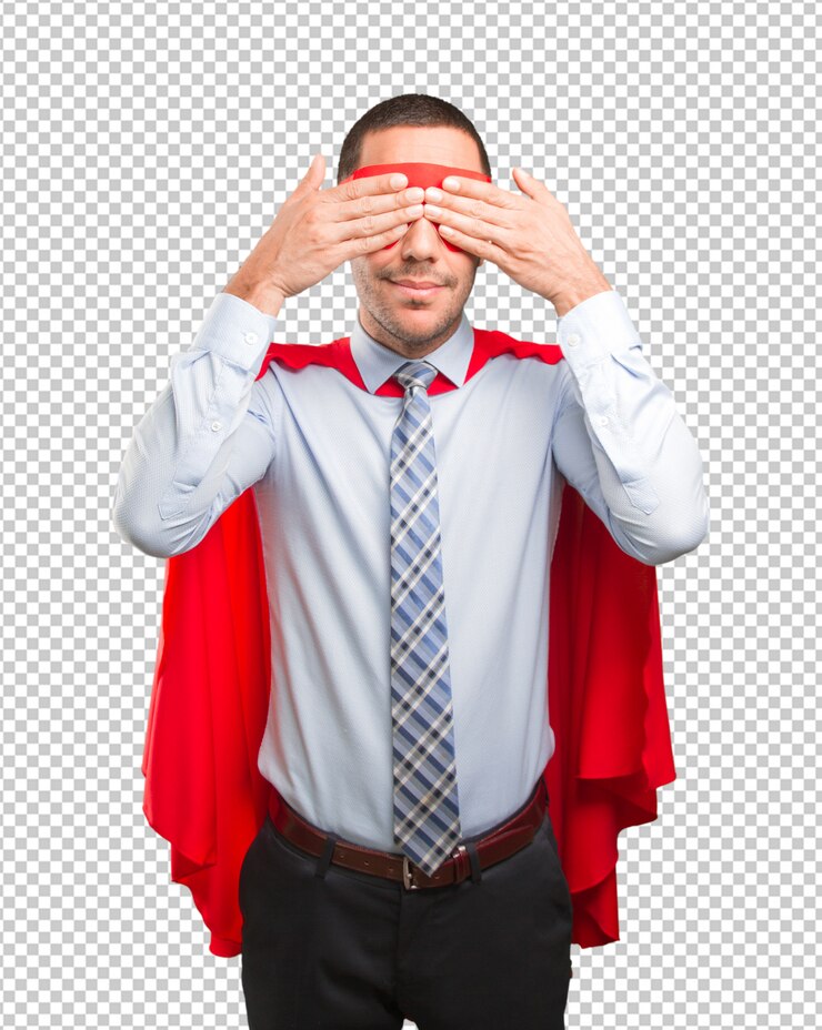 PSD vystrašený super podnikatel zakrývající si oči