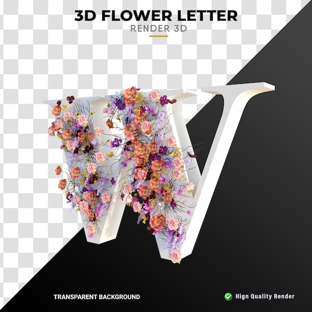 W letter 3d flores e folhas de alta qualidade renderização realista textura branca