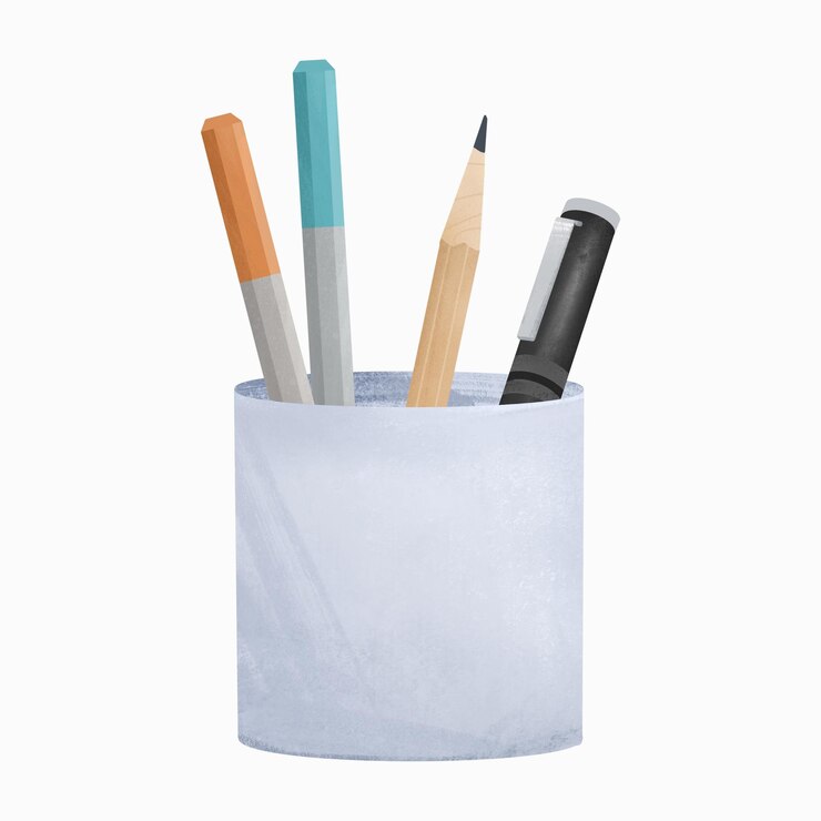 PSD wadah pensil dengan pensil biru di atasnya dan pensil di tengah.