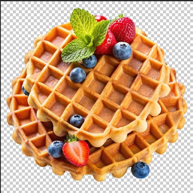 Waffeln mit Obst und Ahornsirup auf einer Marmorplatte