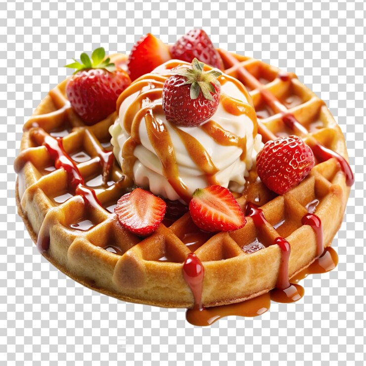 PSD waffle belga con relleno de fresas y crema sobre un fondo transparente