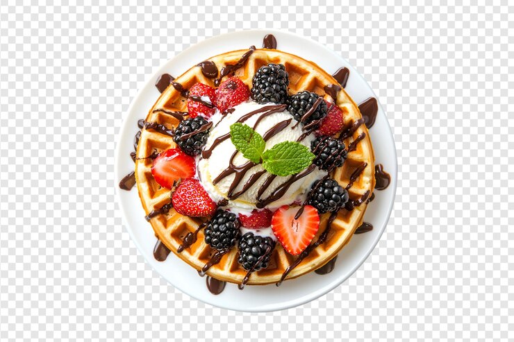 PSD waffle con helado y bayas mezcladas aisladas sobre un fondo transparente