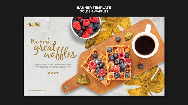 PSD waffles dorados con banner de frutas