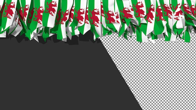 Wales-flagge in verschiedenen formen aus stoffstreifen, die oben an der 3d-darstellung hängen