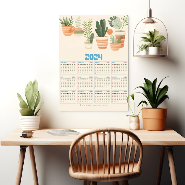 Wandkalender-mockup mit pflanzen