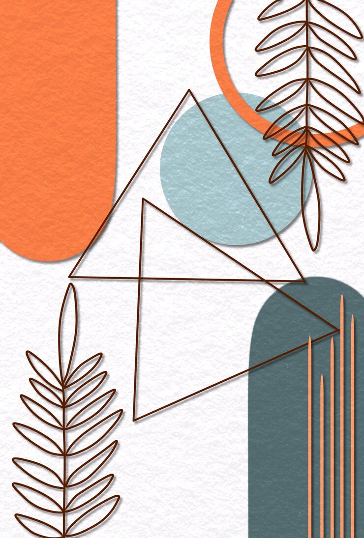 PSD wandkunst mit abbildungen von blättern, geometrischen formen und linien auf einem papier-textur-hintergrund