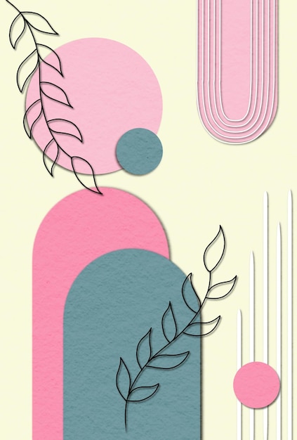 PSD wandkunst mit abstrakten geometrischen formen und linien linien, die blätter bilden pastellblau und rosa