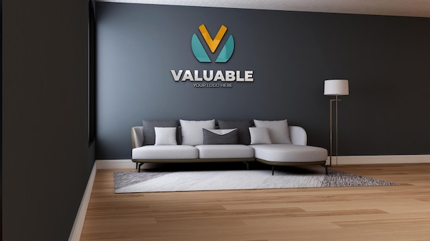 Wandschild-logo-mockup im wartezimmer der bürolobby mit sofa