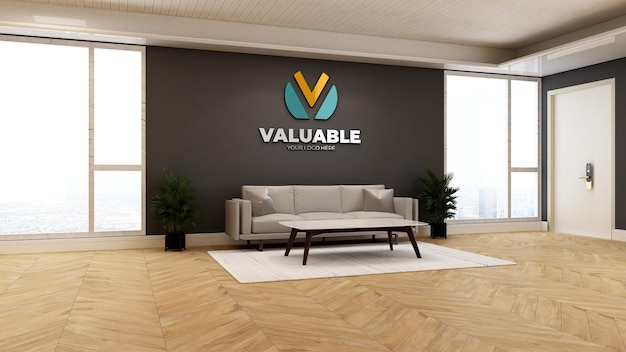 Wandschild-logo-mockup im wartezimmer der minimalistischen bürolobby