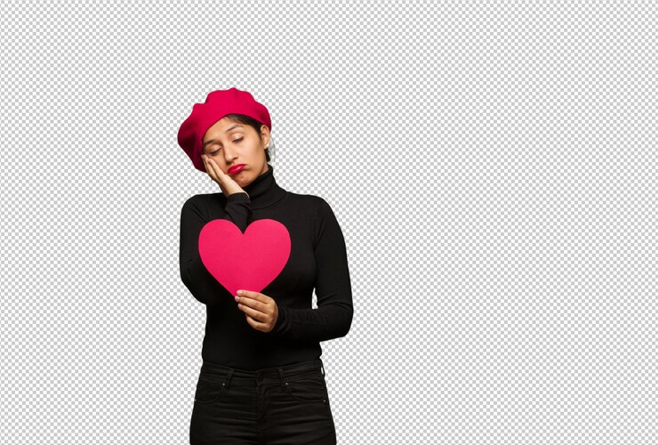 PSD wanita muda di hari valentine lelah dan sangat mengantuk
