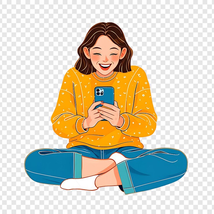 PSD wanita tertawa duduk di lantai sambil menjelajahi media sosial di telepon dengan latar belakang transparan yang terisolasi