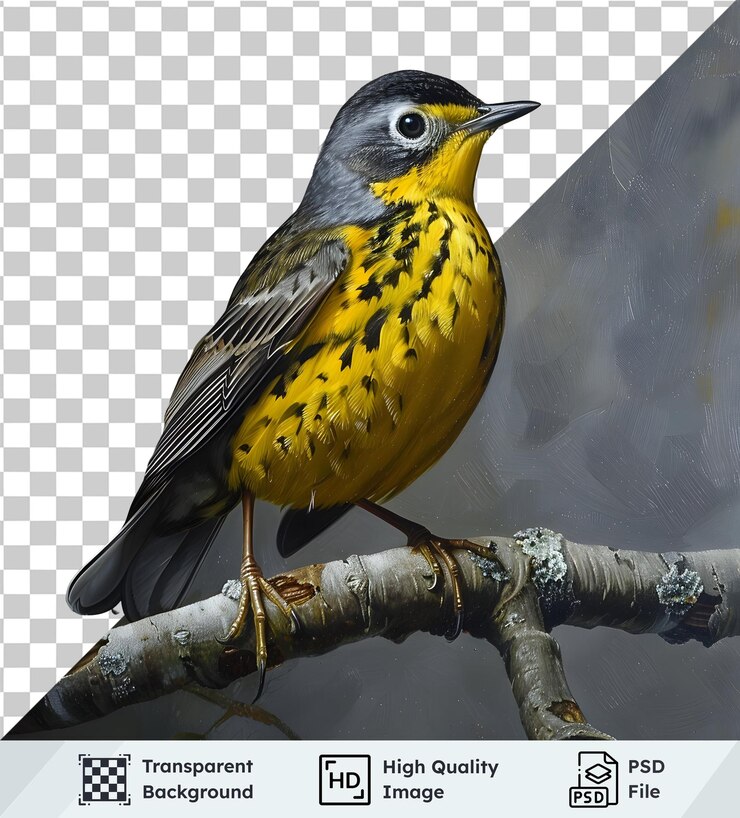 PSD un warbler amarillento encaramado en una rama exhibido en una imagen transparente con un artista detallado