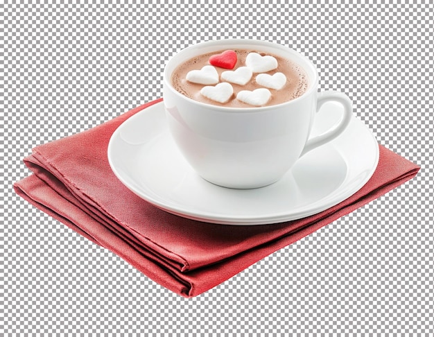 Warmer Kakao mit herzförmigen Marshmallows, serviert in einem weißen Becher auf einer roten Serviette